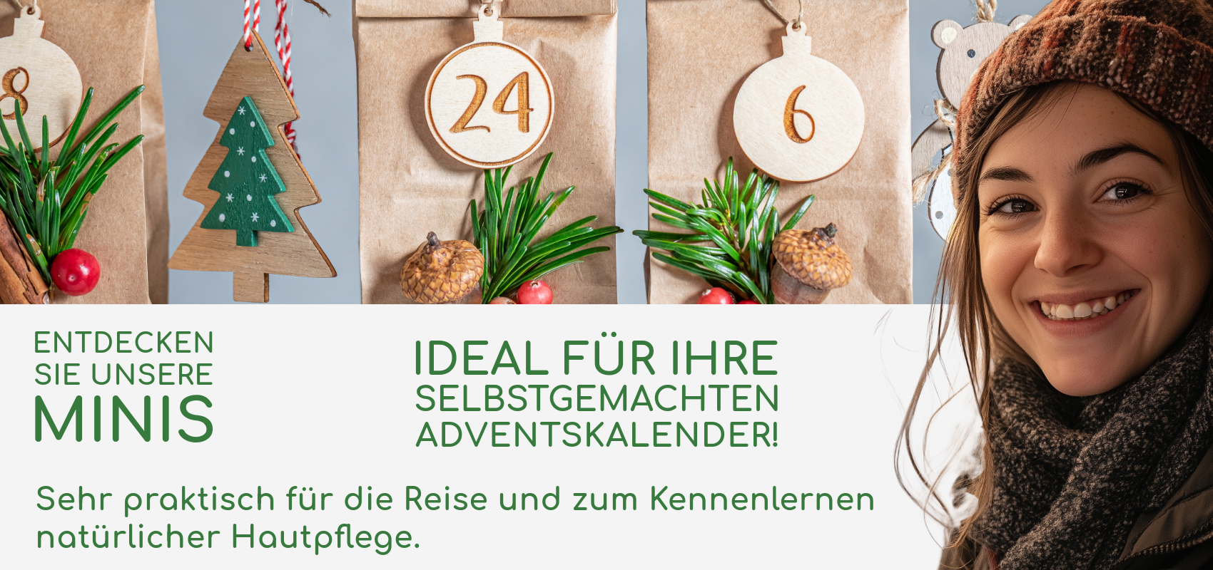 Entdecken Sie unsere praktischen Minis – ideal für selbstgemachte Adventskalender und nachhaltige Hautpflege. Selbstgemachter Adventskalender mit liebevoll dekorierten Papiertüten und nachhaltigen Minis der Naturseifen Manufaktur Uckermark.